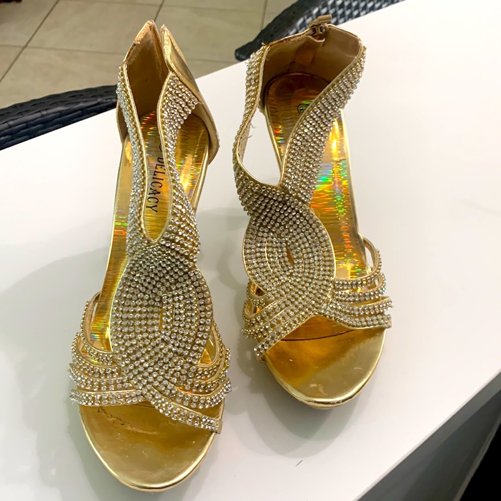 Gold High Heal Shoes with Rhinestones